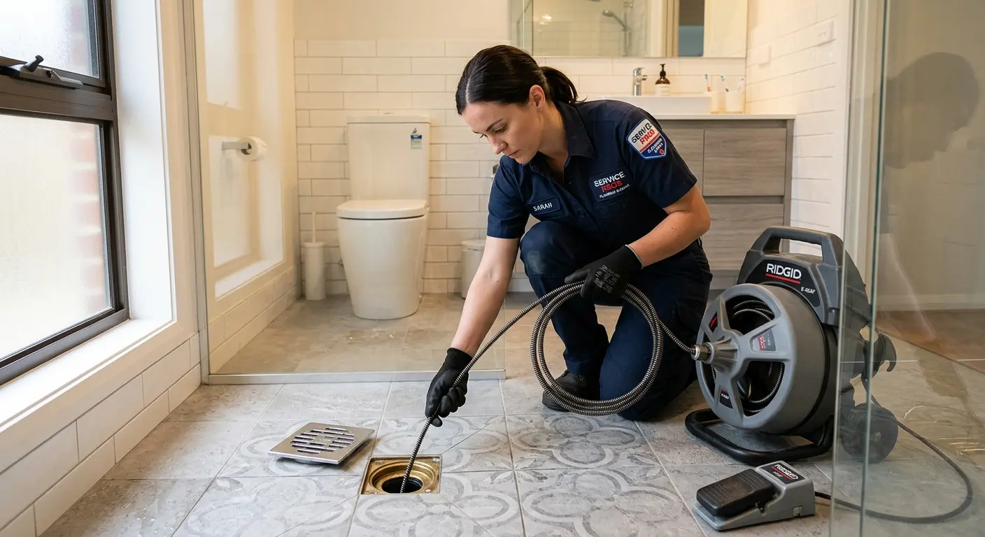 Technician clearing a bathroom floor drain for Sewer Line Replacement in Mountain Home